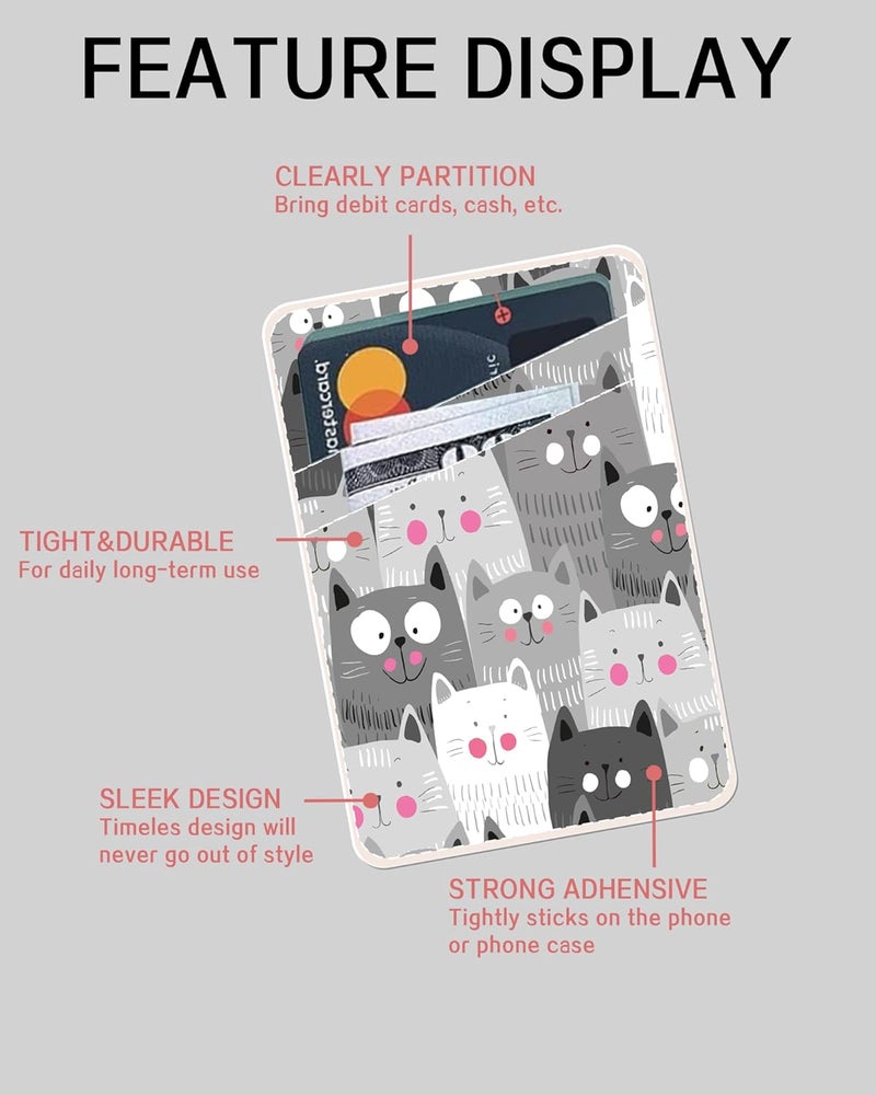 AOHRO Dual Pocket Leather Phone Wallet Adhesive Stick On, Cute Card Holder, Credit Card Holder for Phone Case, Grey Cute Cats - Image 5